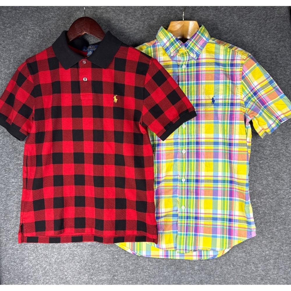 Bondle of 2 Polo Ralph Lauren Shirts Kids L 14-16 Red Plaid Preppy Short Sleeve